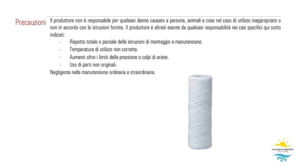 Cartuccia filtrante in Polipropilene filo Avvolto 10" - 20 Micron - durate 12mesi