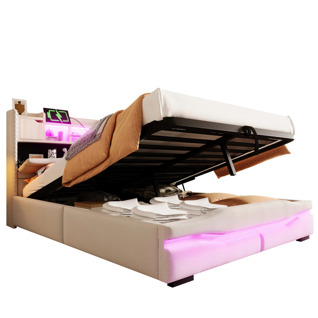 Letto imbottito 140x200 cm beige con contenitore idraulico, LED, USB e Type-C