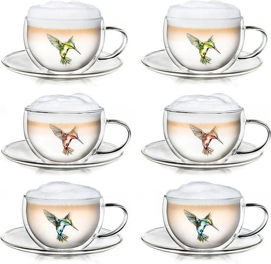 Latte macchiato-glazen a doppia parete, bicchieri, con disegno colibrì, con ciotola, 250 ml, in scatola regalo esclusiva, 6 pezzi, 2 x blu/rosa/verde