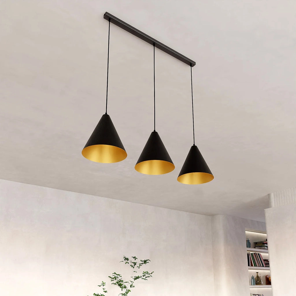 Sospensione Nordica Ninhursag 3 Luci In Acciaio Nero E Oro