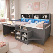 Letto a soppalco per bambini 90 × 200 cm con scrivania, vani portaoggetti, LED, USB e presa, senza materasso