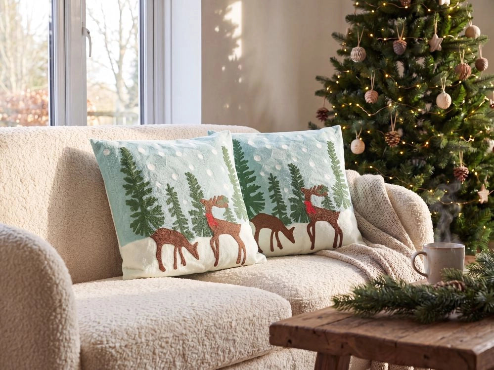 Set di 2 cuscini sparsi Tessuto di cotone azzurro Motivo natalizio Cervo 45 x 45 cm Decorazione Accessorio