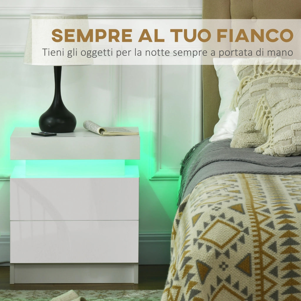 Comodino con 2 cassetti e LED RGB ¨C zephmum ¨C Legno, Bianco, 45x35x52 cm