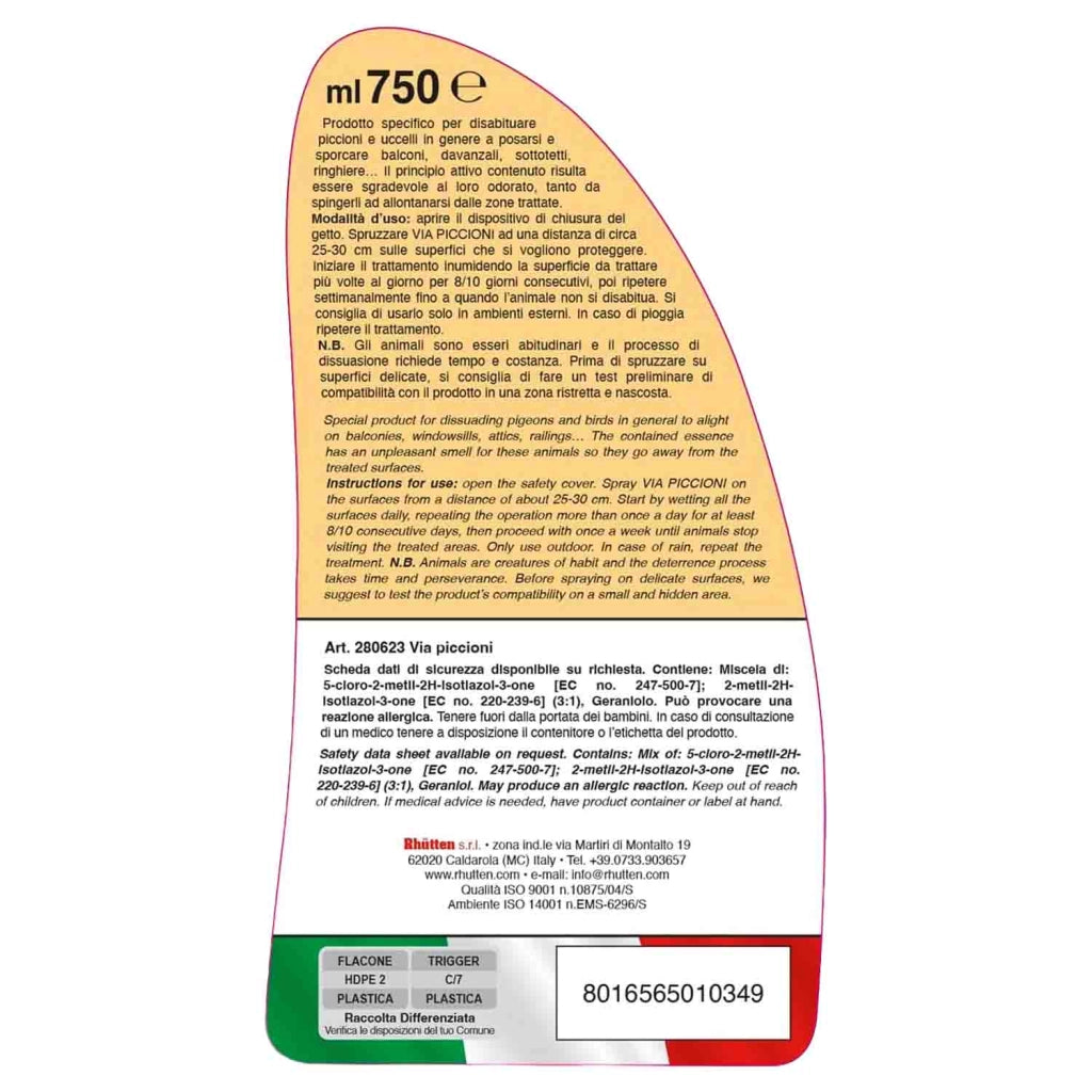 Rhutten Disabituante per Piccioni Spray 750 ml per Esterni