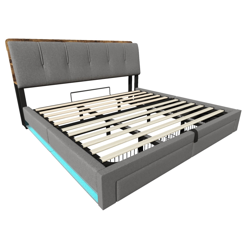 Letto matrimoniale imbottito 180x200 cm in lino grigio con contenitore; USB e LED