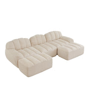 Divano angolare modulare 3 posti con 2 pouf; configurazione a U o L; pile granulare beige bianco