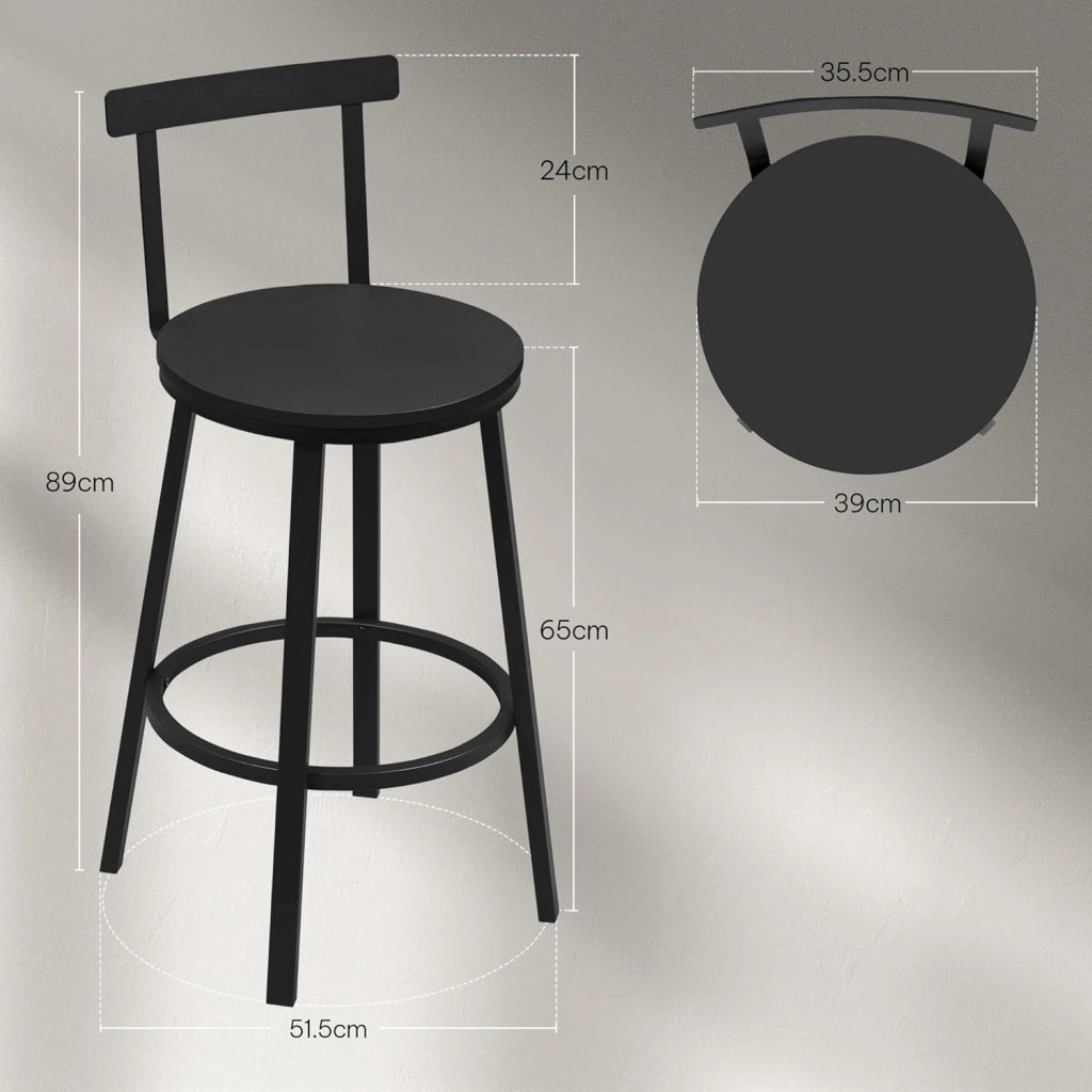 Sgabelli Cucina Set di 4, Sgabelli da Bar per Colazione, con Poggiapiedi e Schienale, Struttura in Metallo, Nero