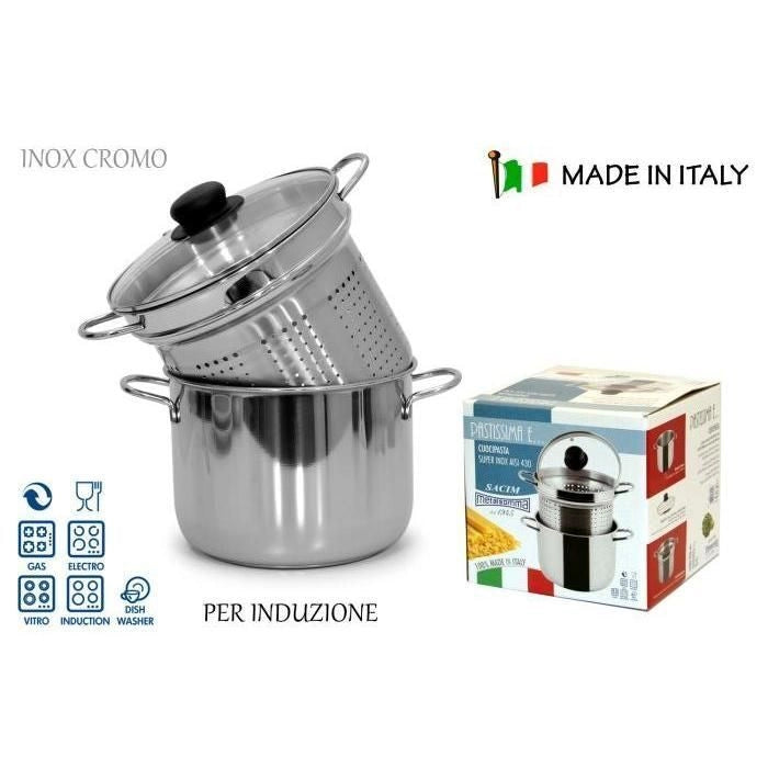 Sacim SCM600657 Pastissima con Coperchio in Vetro Pentola per Cottura in Acciaio Inox Diametro 65.6 cm Capacita' 4 L Adatta a Tutti i Piani Cottura incluso Induzione colore Nero
