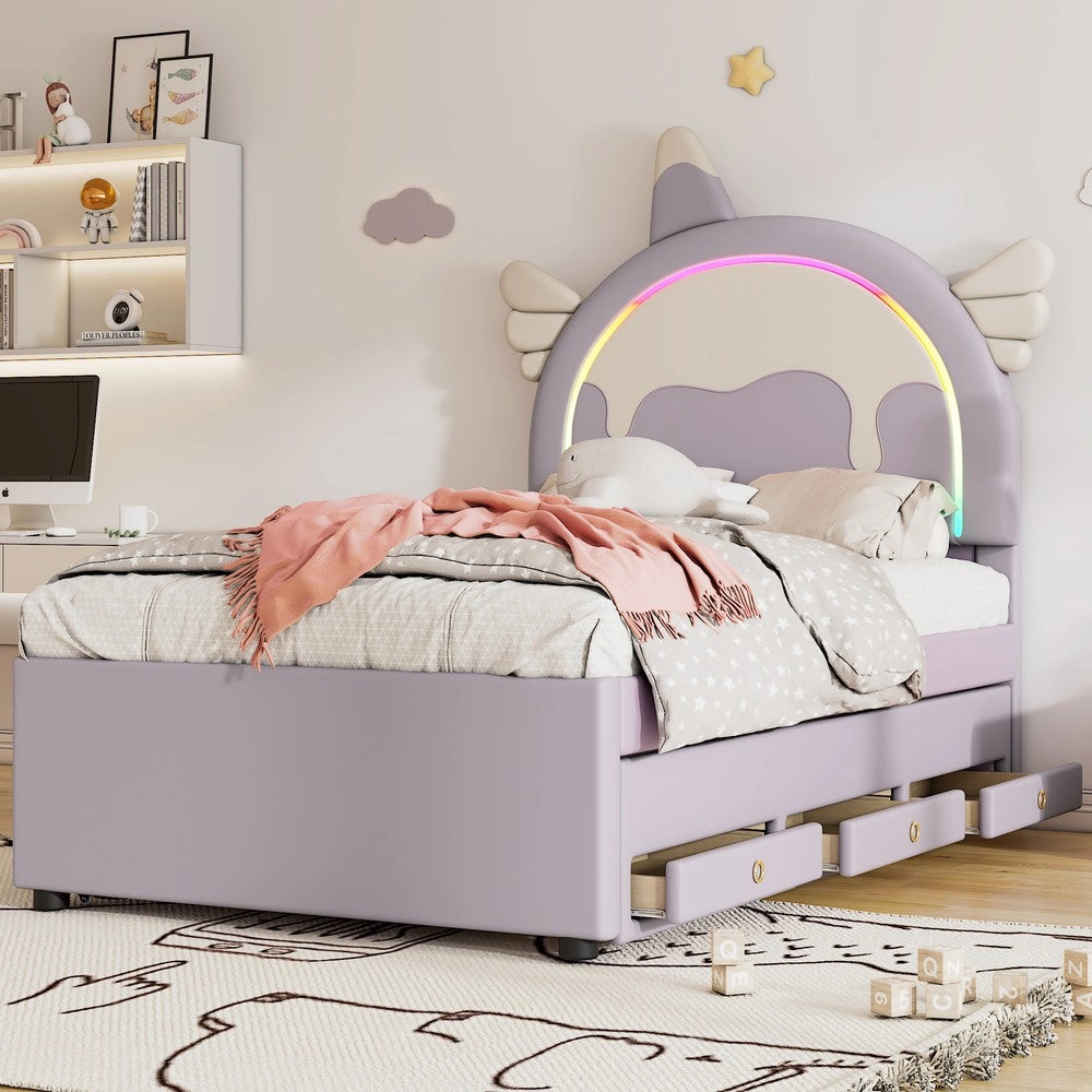 Letto per Bambini a Unicorno con Letto Estraibile ¨C MINIMAL ¨C PU Viola 90x200