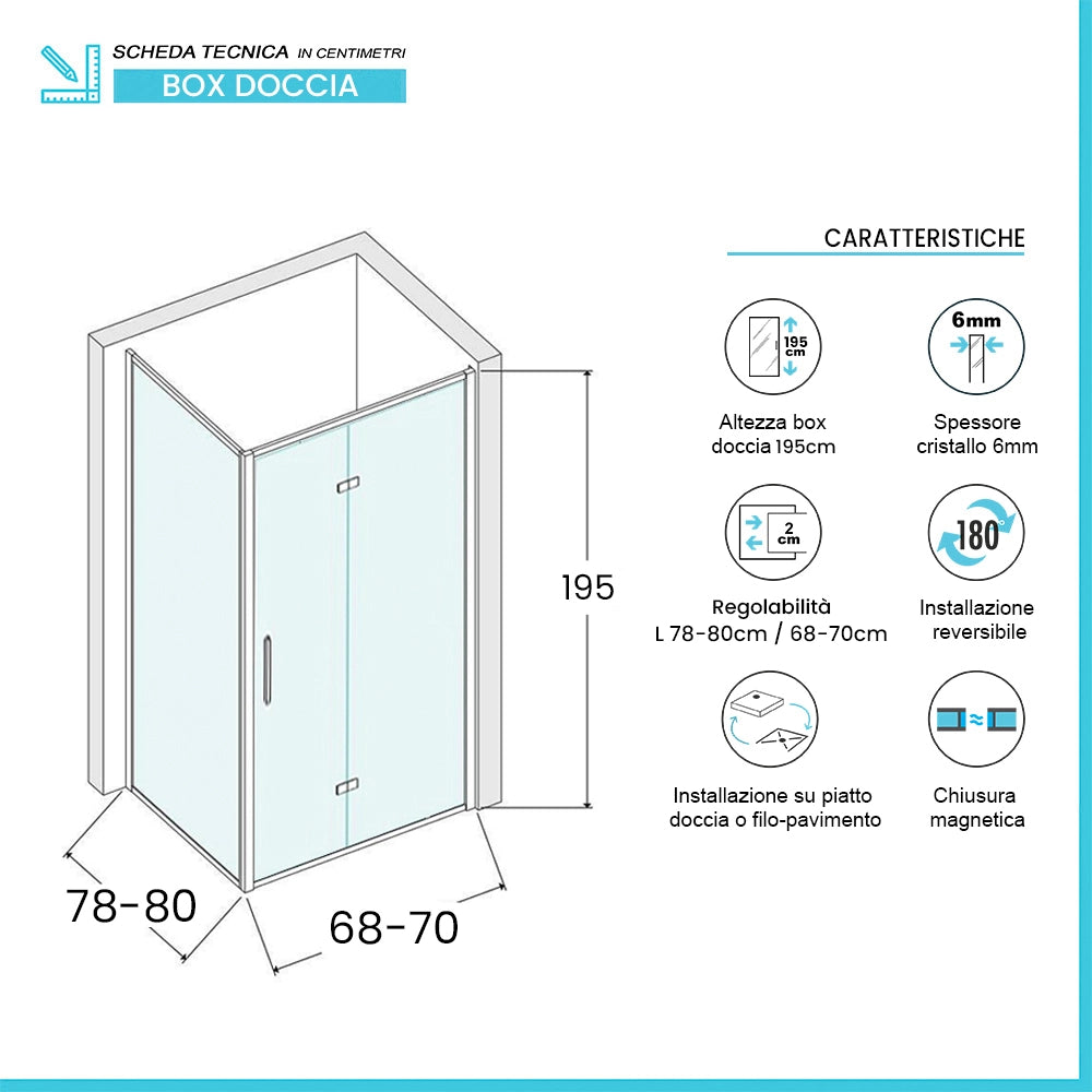 Box doccia angolare a soffietto 80x70 in vetro temperato trasparente con profili cromo Neos