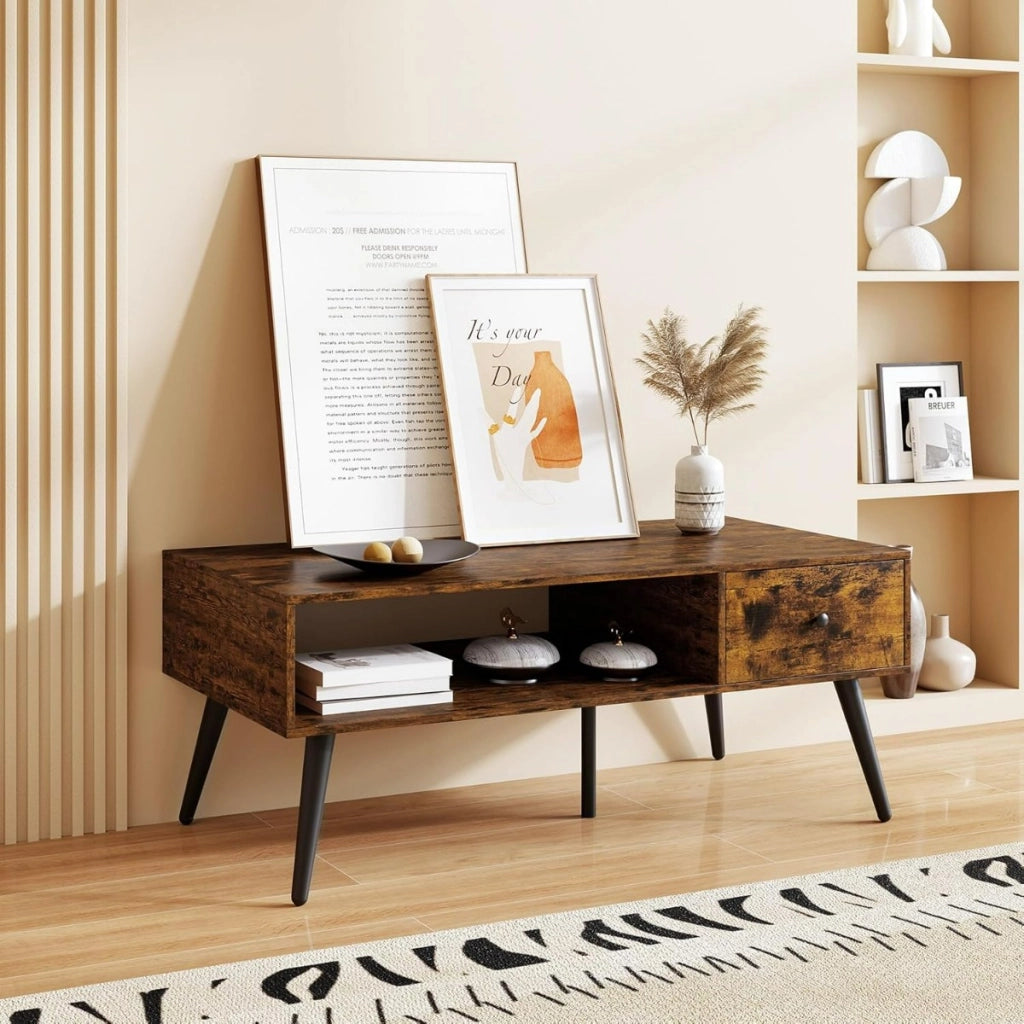 Tavolino moderno mid-century con 1 cassetto e mensola, Tavolino da caff¨¨ per salone e reception Marrone rustico-Tavolini