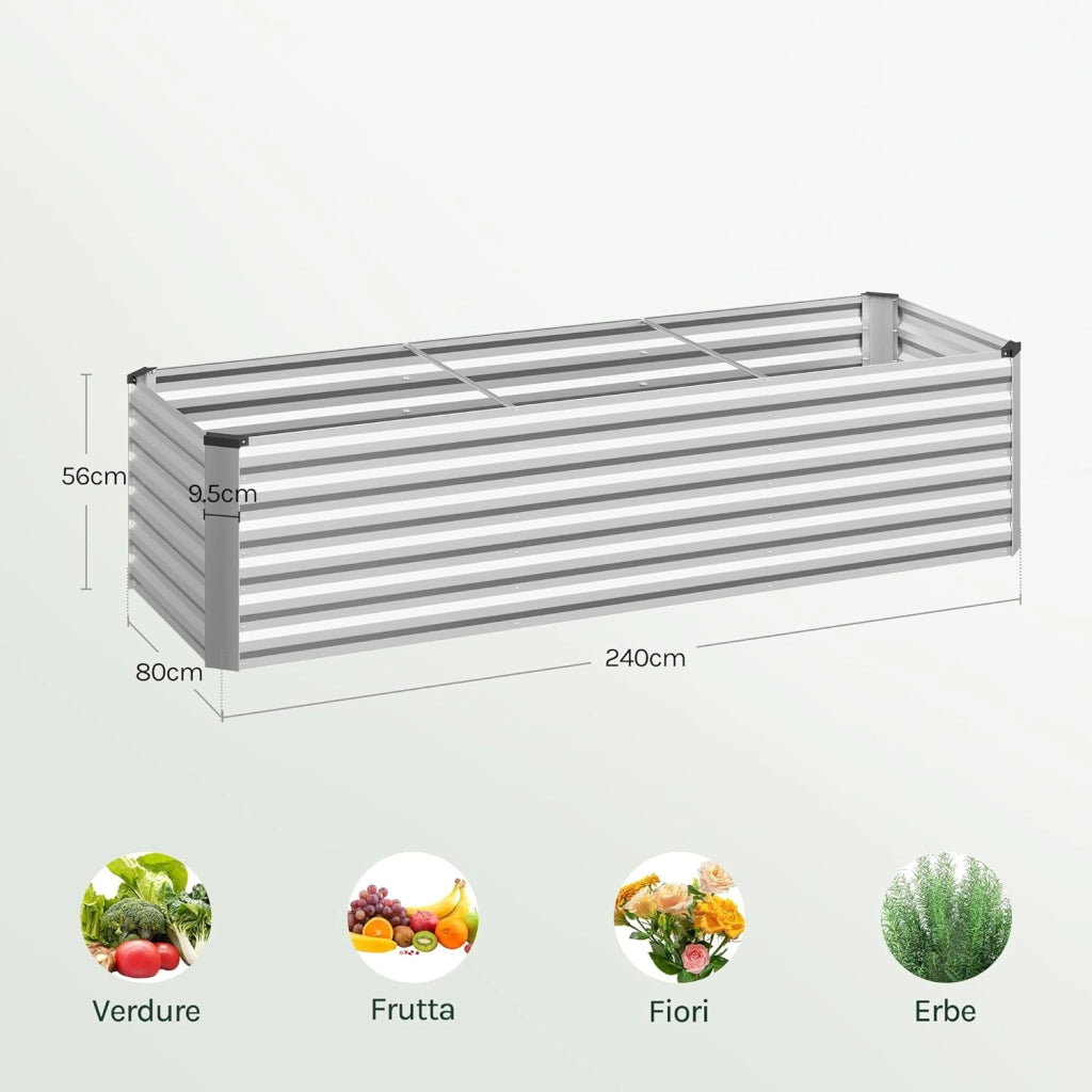 Fioriera rialzata per giardino, balcone, fioriera in robusta lamiera d'acciaio con design robusto, 238 x 56 x 80 cm, argento