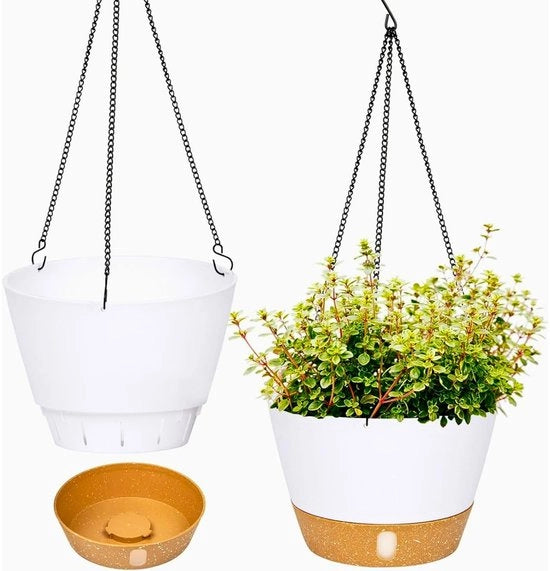 Set da 2 contenitori per piante appesi, 25,4 cm, appesi all'interno e all'esterno, contenitore per piante con foro di drenaggio e 3 ganci per giardino e casa (bianco)