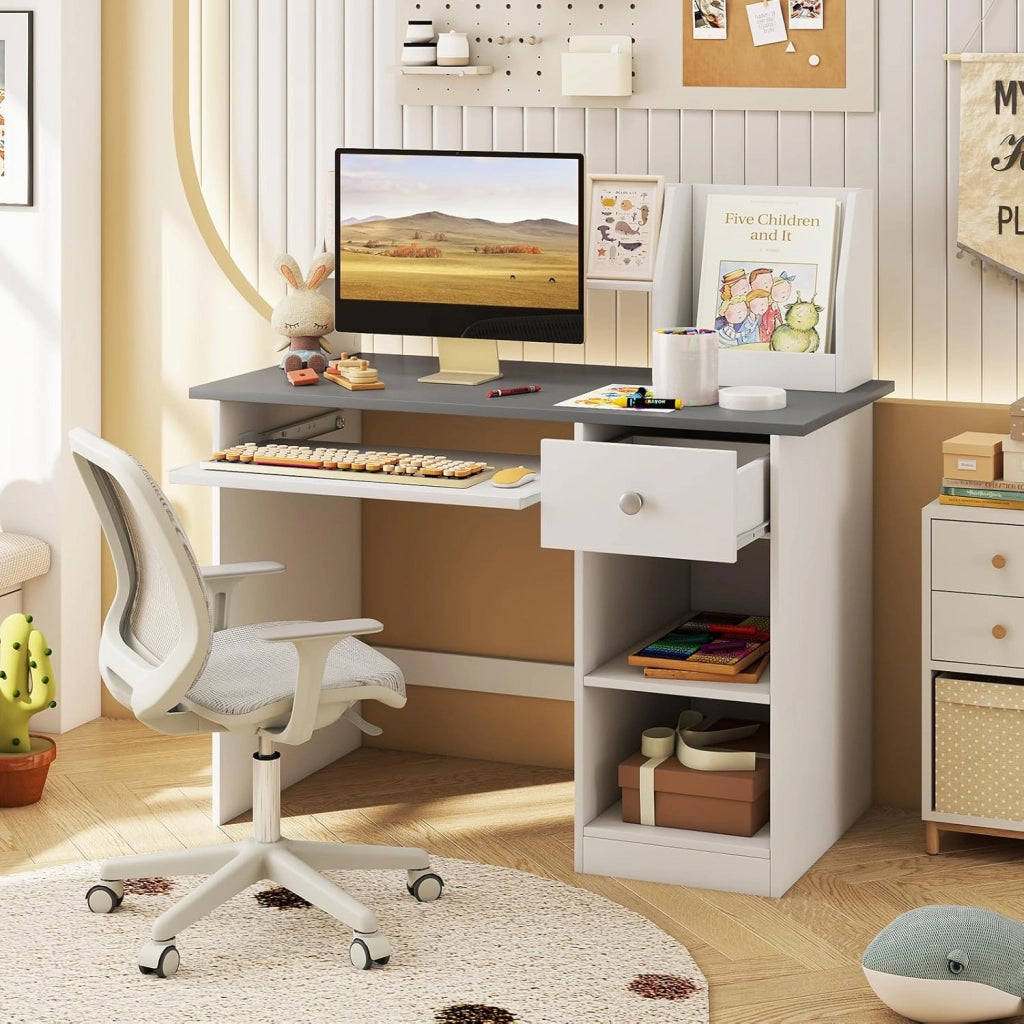 Scrivania per Bambini 3-6 Anni, Tavolo in Legno con Vassoio per Tastiera e Cassetto, Libreria Laterale e Mensole Superiori e Ampio Piano del Tavolo, Ideale per Cameretta (Grigio)