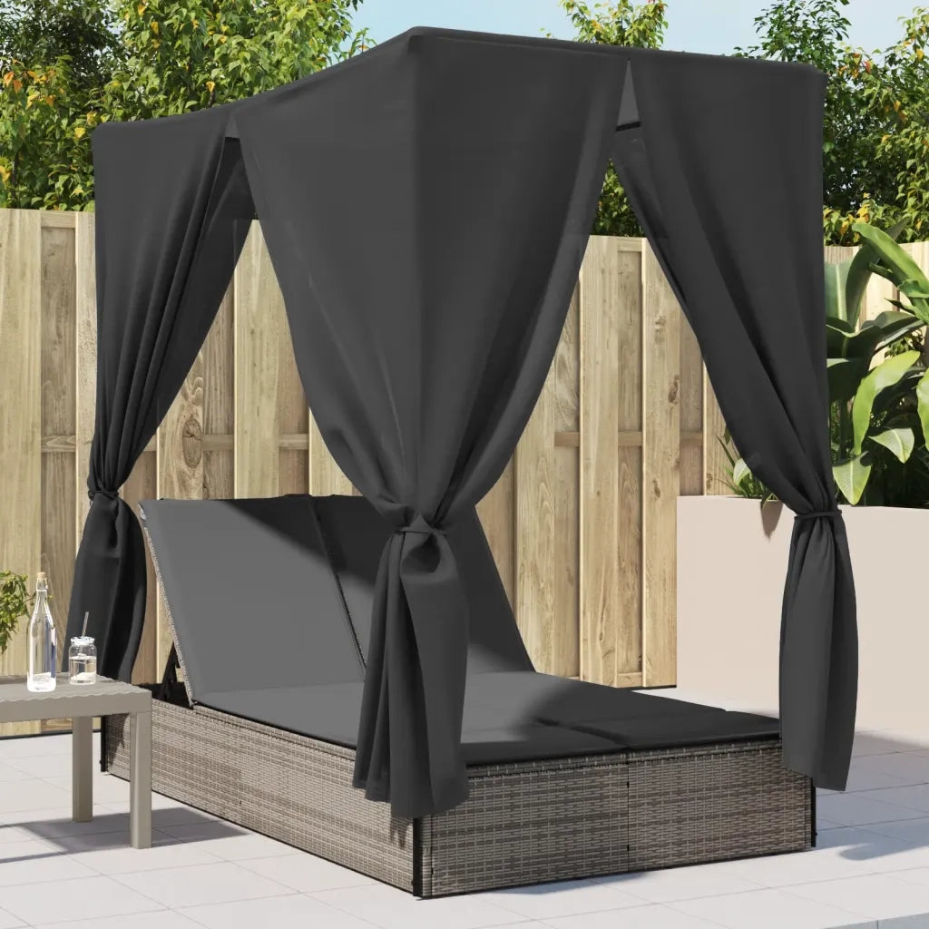 vidaXL Lettino Prendisole Doppio Tetto e Tende Grigio in Polyrattan
