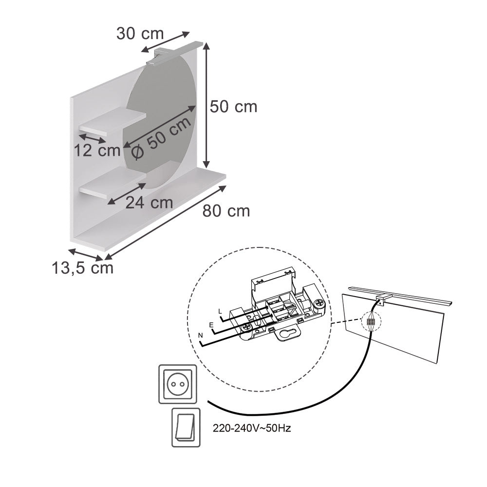Vicco Specchio con mensola Bianco 80 x 50 cm con 3 scomparti aperti