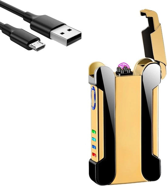 Accendino a Doppia Vetta - Ricaricabile via USB - Elettrico - Con Indicatore di Batteria - Adatto a Uomini e Donne - Oro