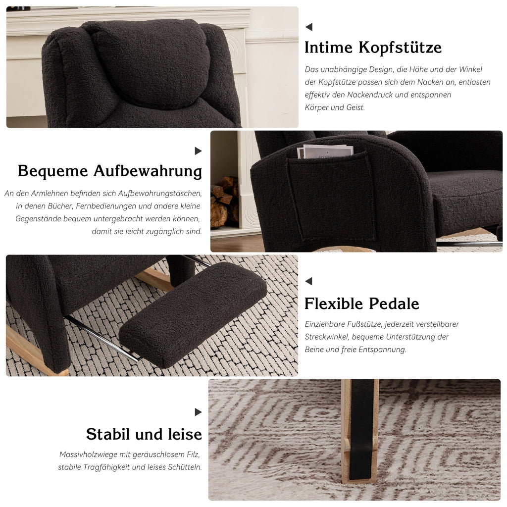 Poltrona a dondolo con poggiapiedi pieghevole e schienale ergonomico in tessuto teddy grigio scuro 110 kg