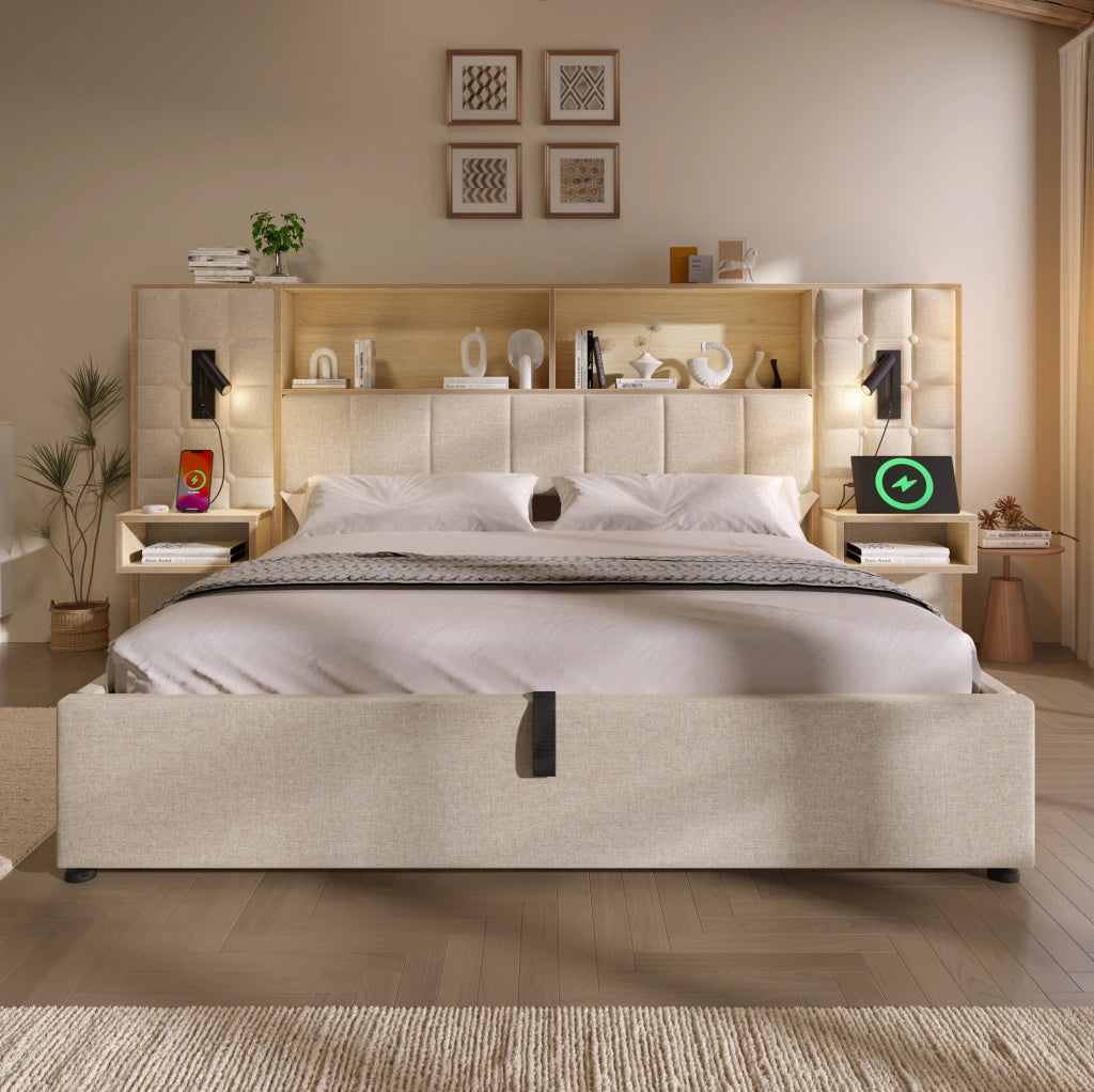Letto imbottito beige 180x200 con luci lettura e vano contenitore