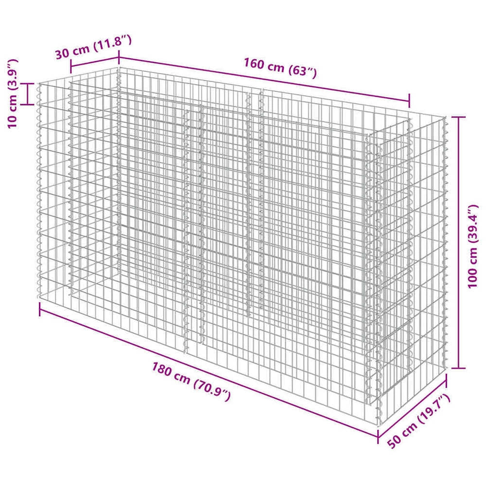 Gabion Raised Bed, Galvanized Steel, 180x50x100 Cm