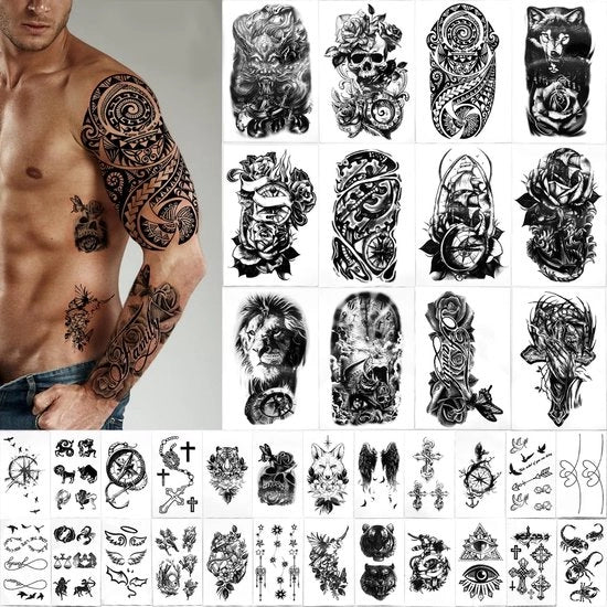 Tattoo Stickers Temporanei 36 Strisce - Simulazioni di Tatuaggi del Corpo - Adesivi per Adulti - Tatuaggi Neri - Ideali per Feste - Duraturi e Impronte d'Acqua Resistenti