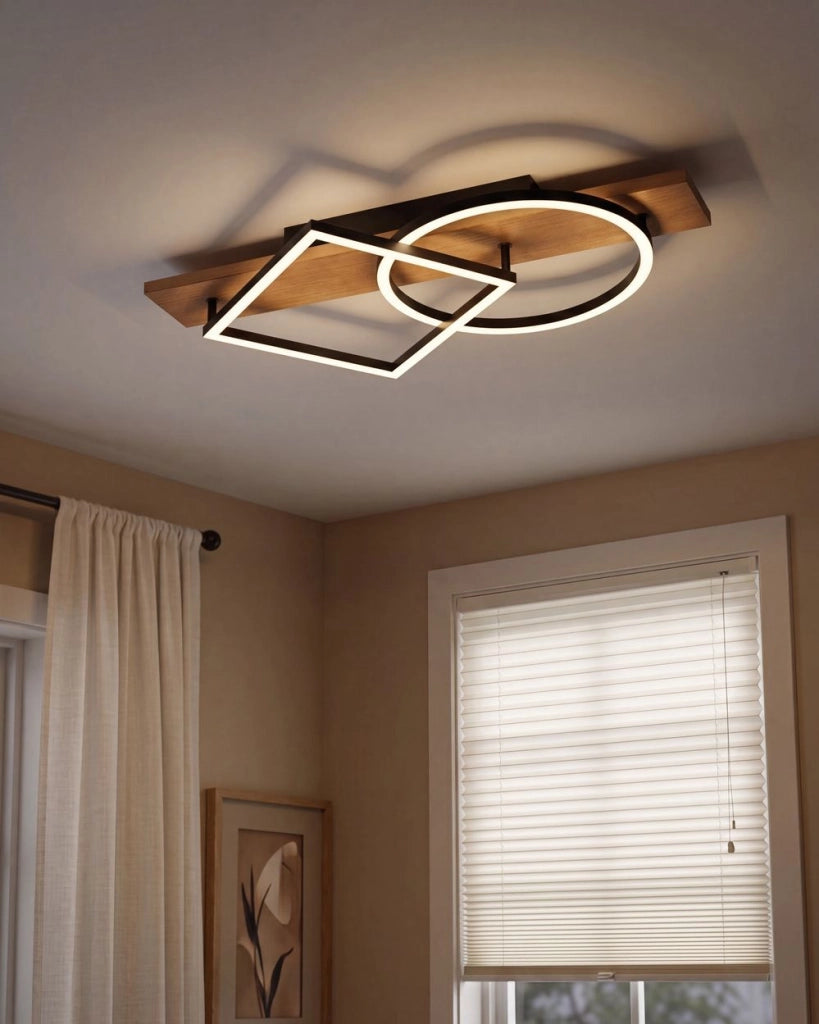 Plafoniera nera in acciaio con luci LED integrate e forme geometriche decorative in stile moderno