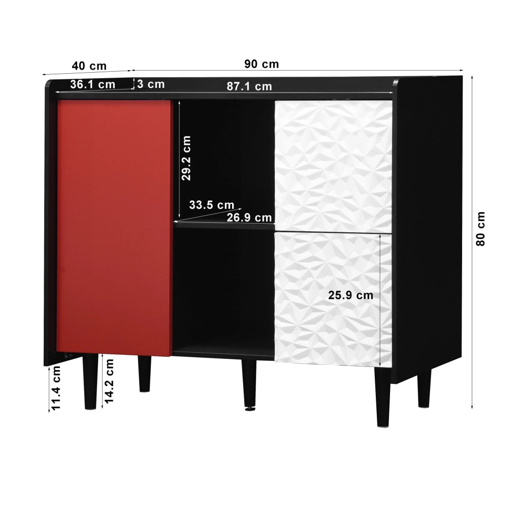 Credenza sideboard in MDF nero e rosso 90x40x80 cm con 2 cassetti e vano aperto
