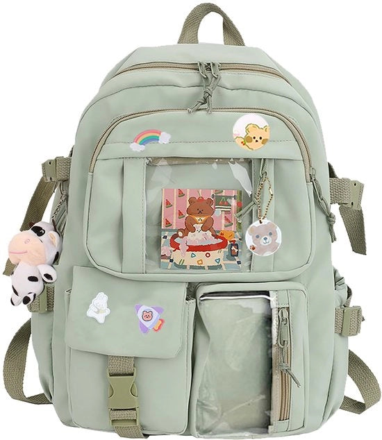 Borsa da scuola con accessori a forma di animaletto, pin con animaletto morbido e cartolina, borsa da scuola, (stile 2 - verde chiaro)