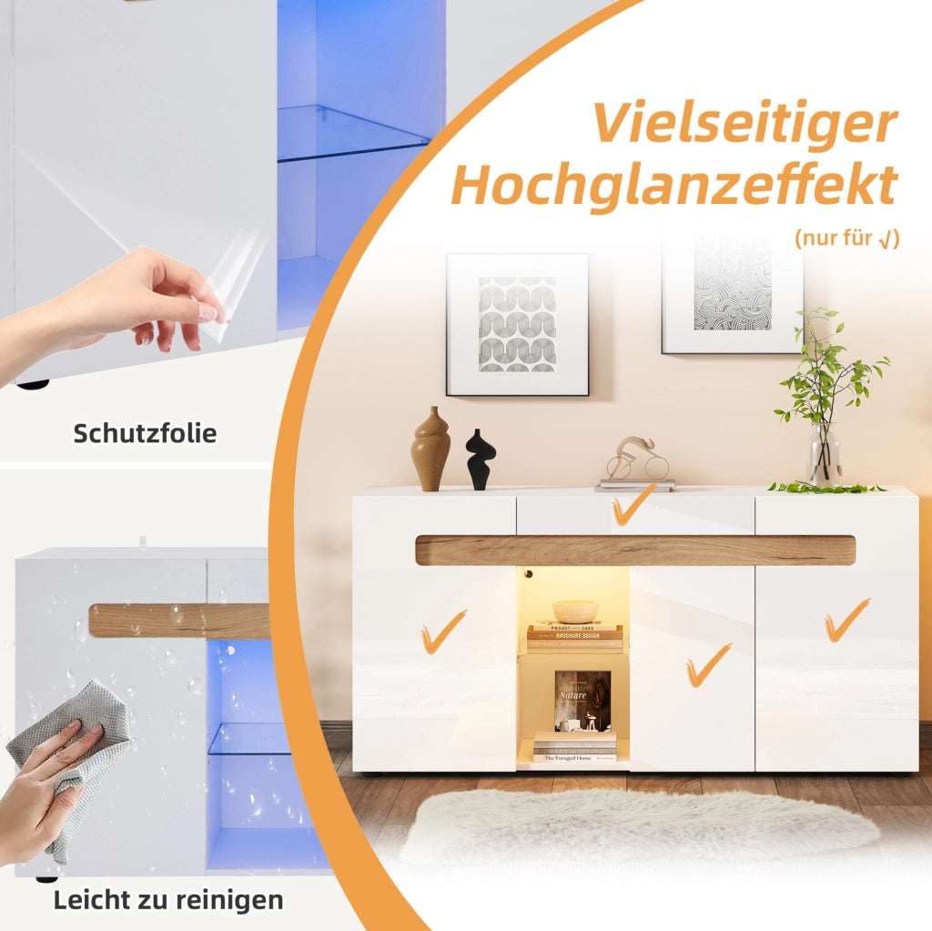 Sideboard 3 ante con LED controllato da app, 140x40x70 cm