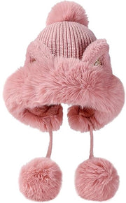 Cappello invernale per donne con pallina di peluche, cappello di lana caldo, cappello da sci, auricolari morbidi rosa