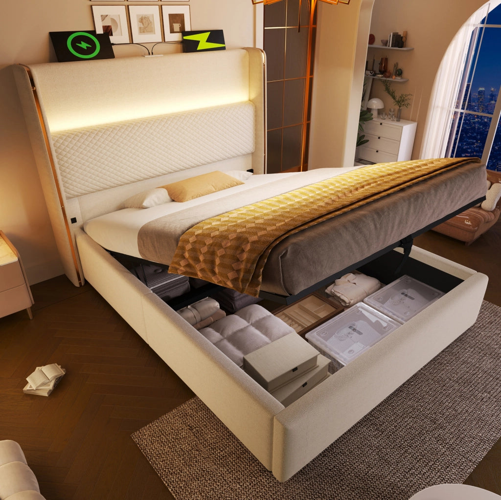 Letto matrimoniale singolo 90x200 cm con testiera alta; LED; USB Type-C; contenitore e materasso beige