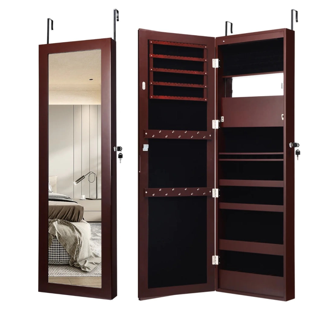 Mobiletto portagioie da parete 37 x 9 x 119 cm con specchio e 12 luci LED design moderno in MDF marrone 20_0010339