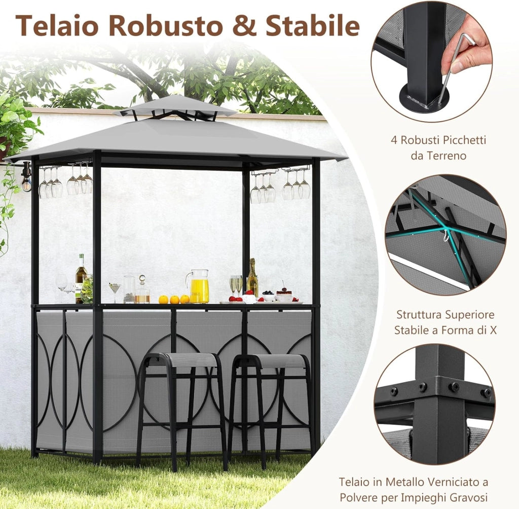 Set Bar da Patio a 3 Pezzi, Gazebo per Griglia e 2 Sgabelli da Bar con Tavolo in Vetro Temperato, Ripiani in Metallo, Portabicchieri, per Giardino Cortile e Spiaggia (Grigio)