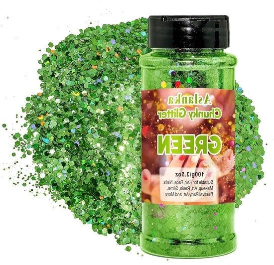 Misto di paillettoni holografici spessi in glitter verde per decorazione del corpo e del festival - fai da te e DIY