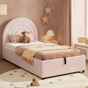 Letto per bambini imbottito 90x200cm con testiera e listelli di legno rosa