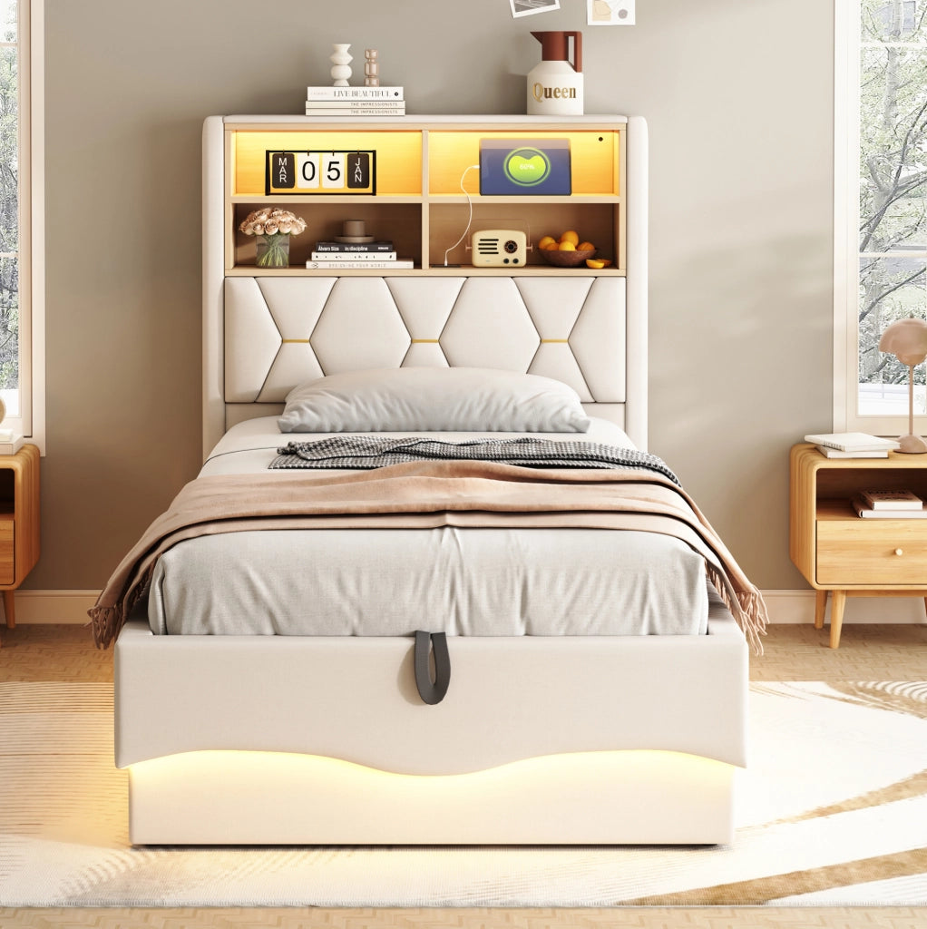 Letto per bambini 90x200 cm con contenitore; LED e USB in ferro e lino beige