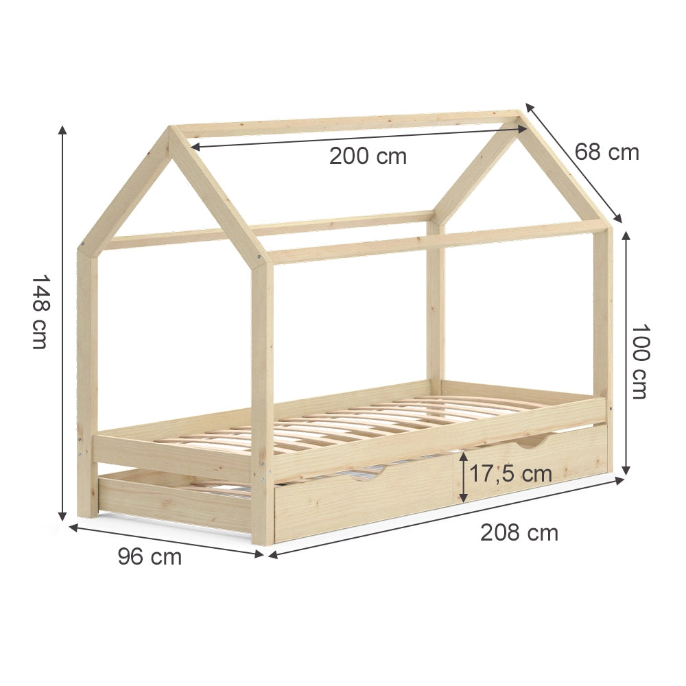 Vitalispa Letto montessori bambini Legno naturale 90x200 cm con letto per ospiti e materasso