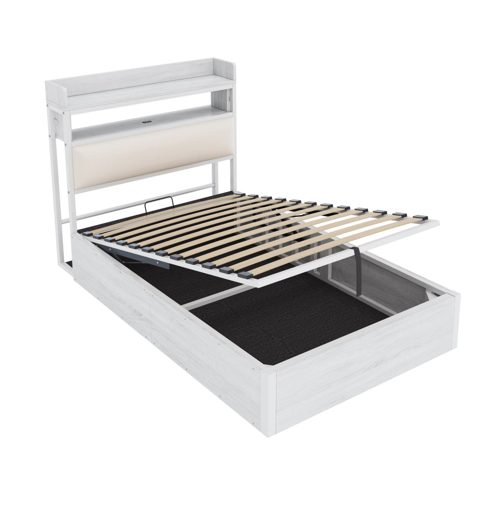 Letto 90x200 cm con contenitore idraulico e USB; testiera con vano in metallo; legno e tessuto bianco