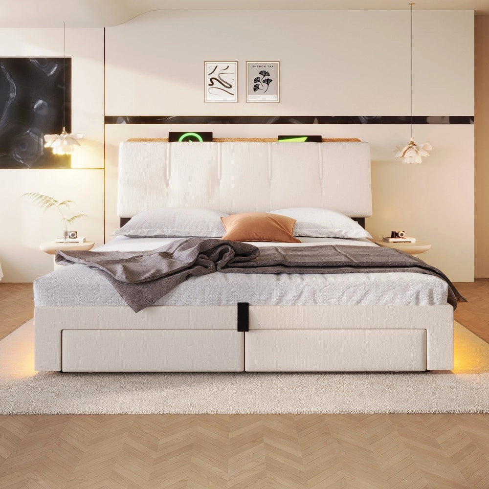 Letto Imbottito Contenitore con LED ¨C Xylo ¨C Tessuto Beige, 140x200, Idraulico