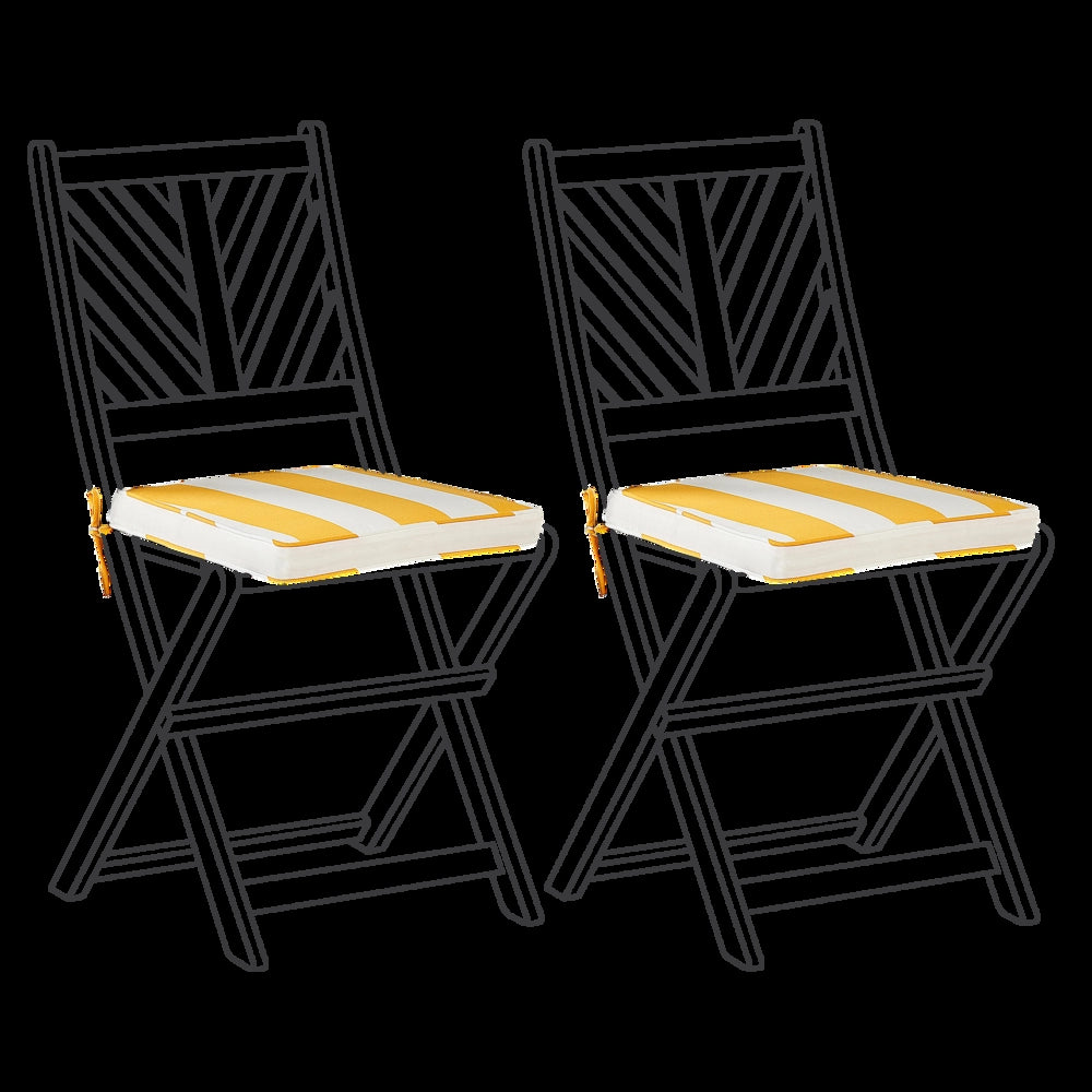 Set di 2 cuscini per sedia da giardino giallo bianco 37 x 34 cm motivo a strisce per esterno legami resistenti ai raggi UV
