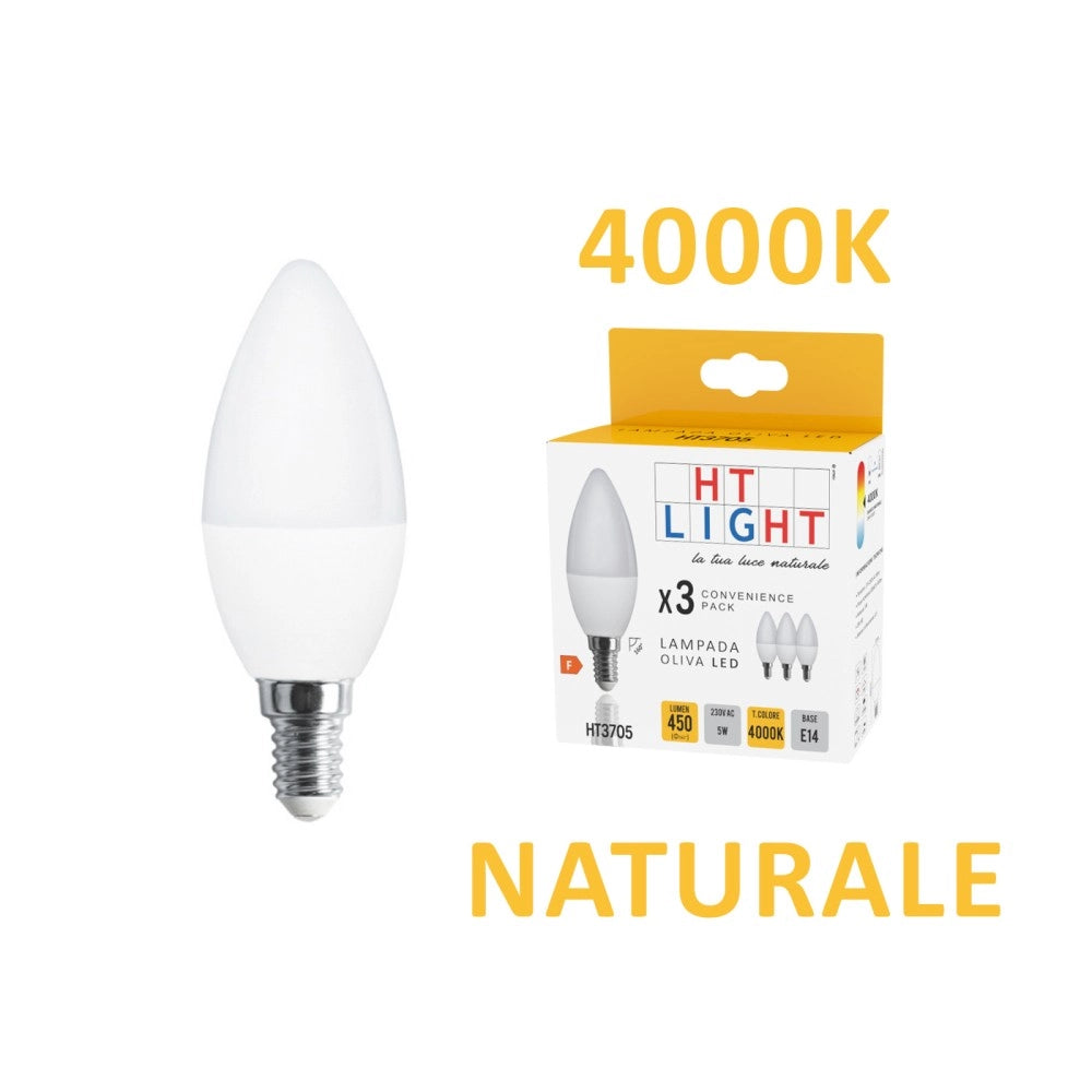 Alca power c37 5w 220v 400lm 4000k e14 lampada mini oliva a led box da 3pz