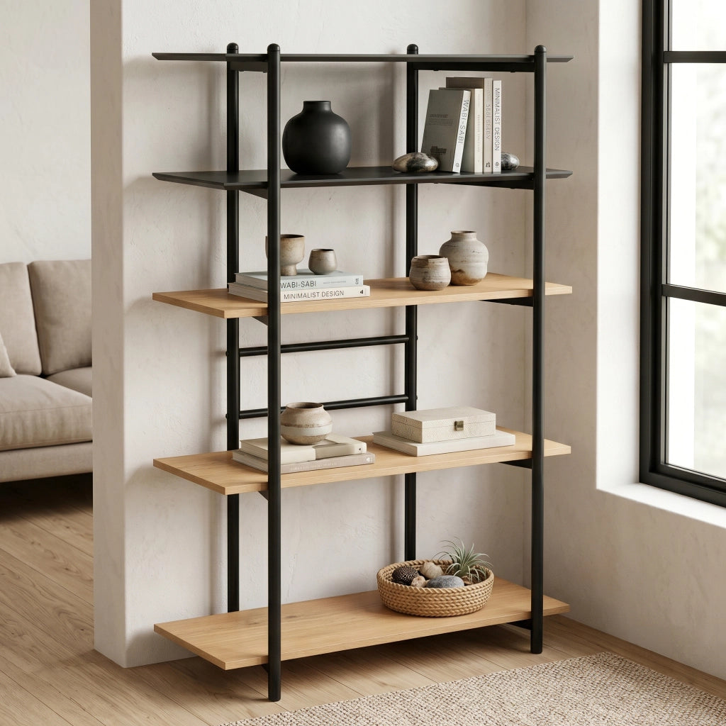 Libreria Kappespoo Scaffale da Terra a 5 Ripiani 124 x 80 x 35 cm - Nero/Effetto Rovere [en.casa]