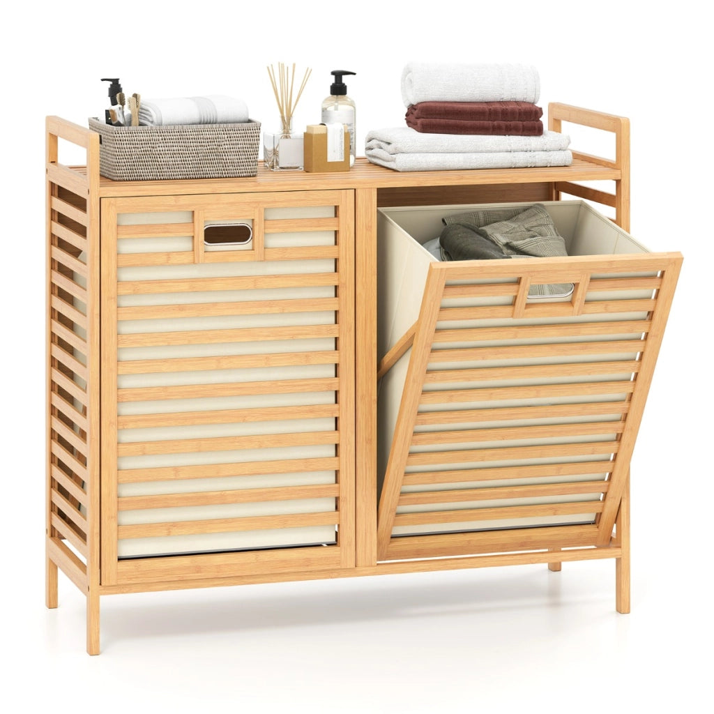 Cesto della biancheria a Ribalta 75 L, Cesta portabiancheria in bamb¨´ con 2 cestini rimovibili Naturale-Scaffali e librerie