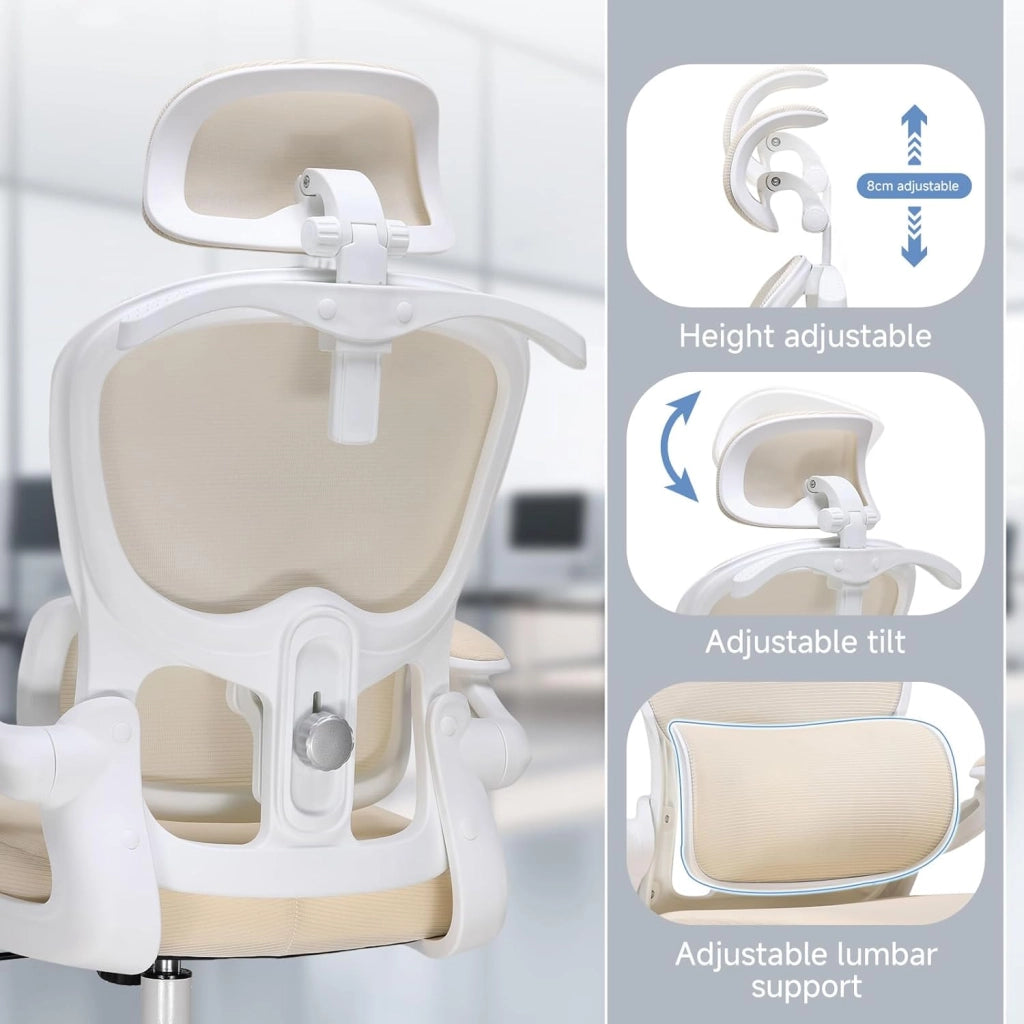 Sedia da ufficio ergonomica, con poggiatesta 3D e supporto lombare, design con gancio integrato, braccioli pieghevoli, cuscino imbottito, carico fino a 150 kg
