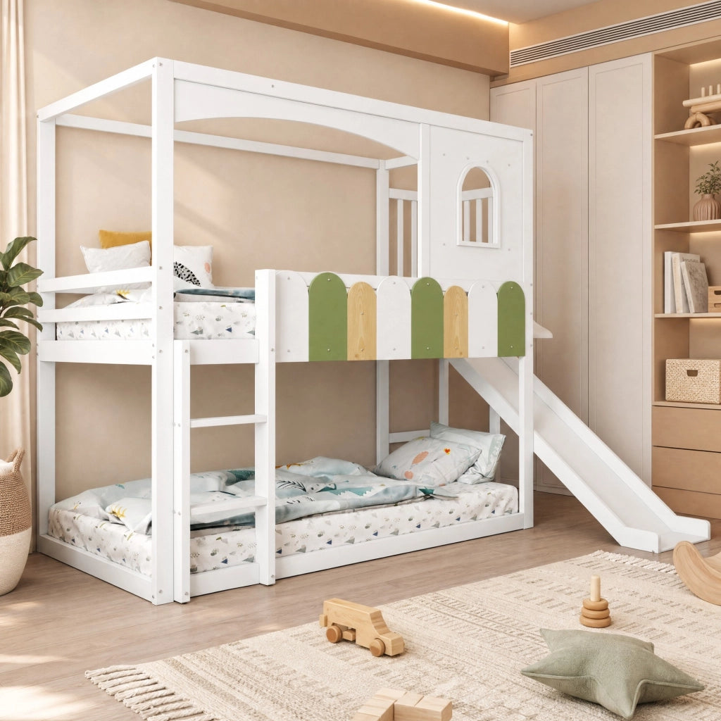 Letto a soppalco per bambini 90x200 cm con scivolo; scala di sicurezza e struttura a casetta