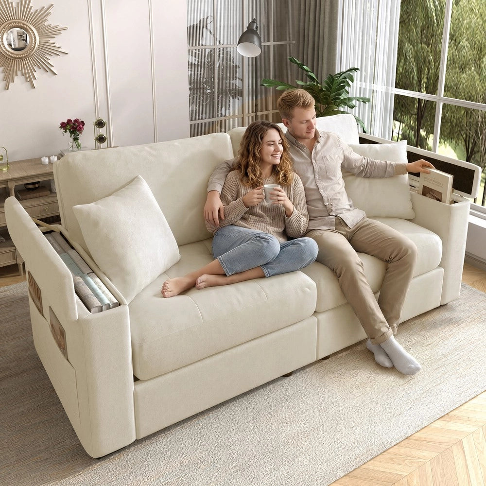 Divano 2 posti con contenitore ¨C Minimal ¨C Beige tessuto imbottito con cuscini