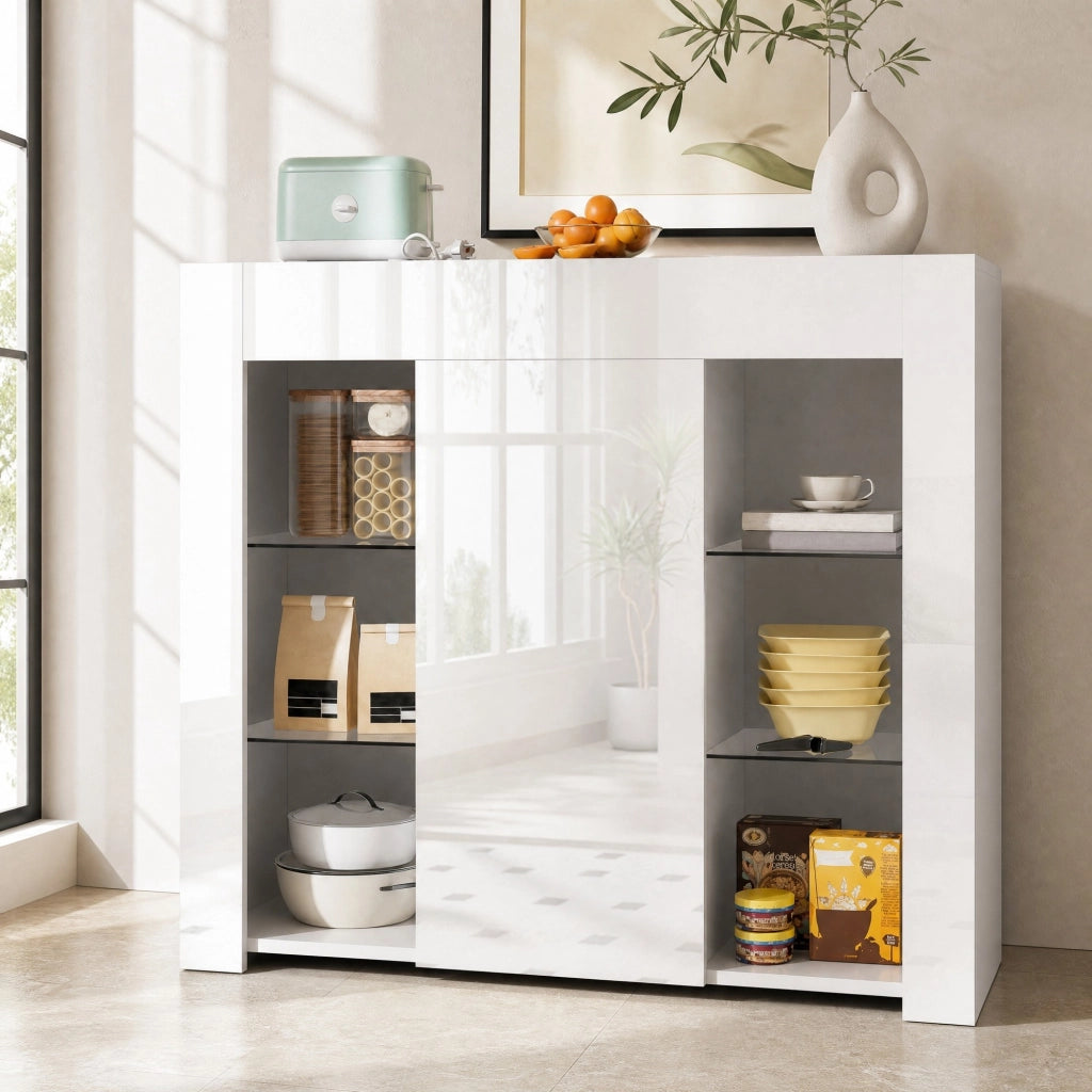 CREDENZA Bianca 95x35x83 cm con Ripiani in Vetro e anta