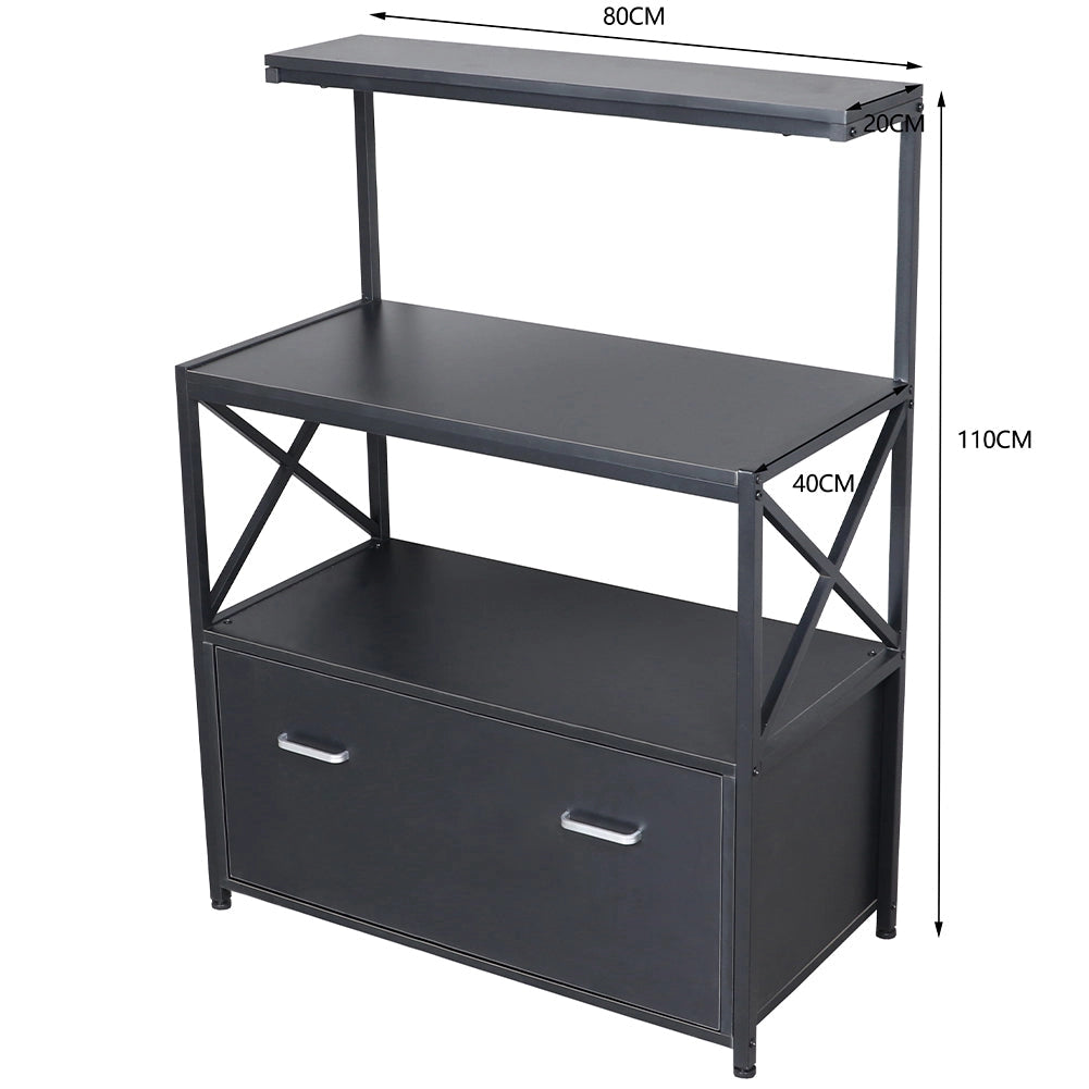 Mobile Multiuso per Stampante 3 Ripiani e 1 Cassetto 80x40x110 cm in MDF Nero