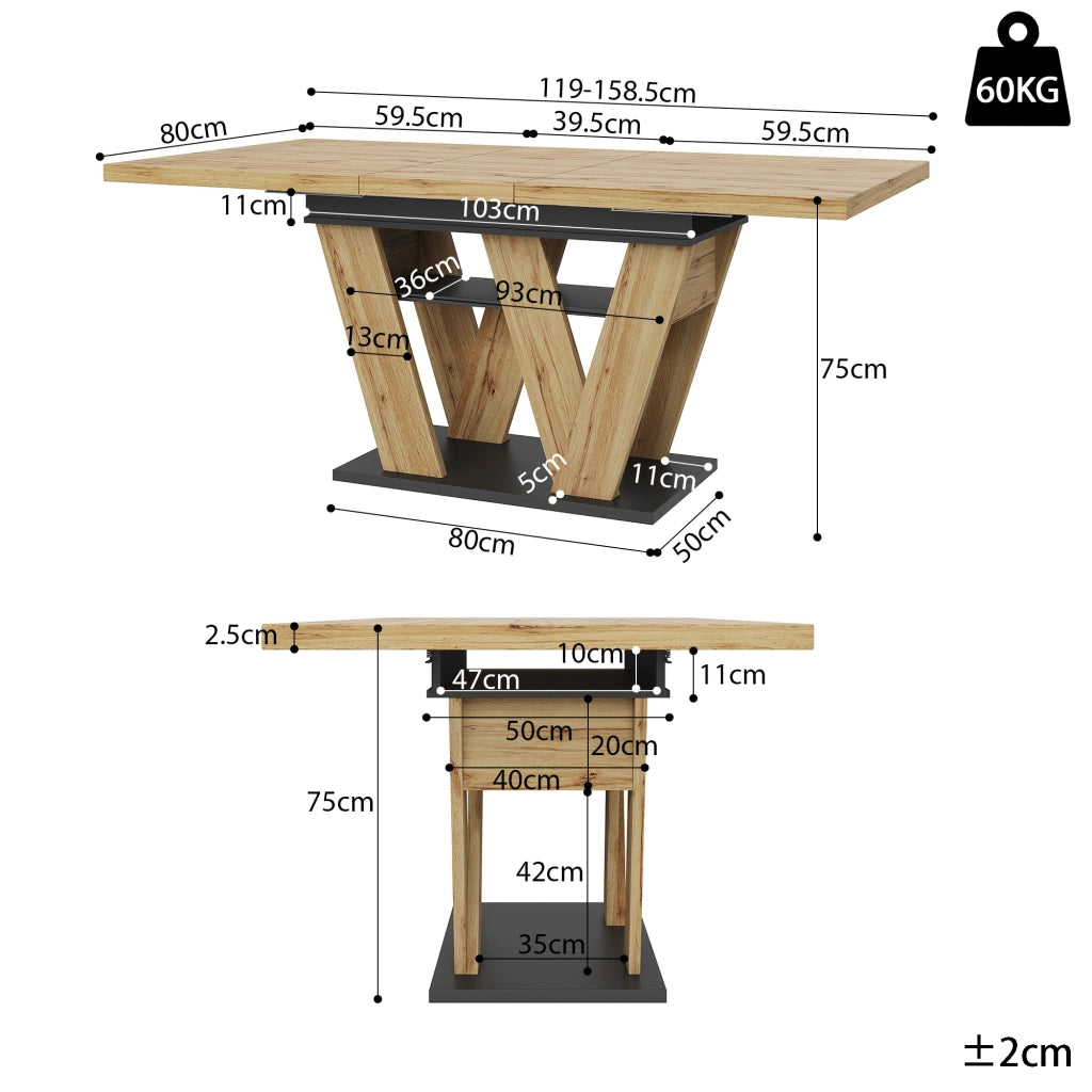 Tavolo da pranzo allungabile con vano contenitore, per cucina e soggiorno, in MDF, nero naturale, 119 × 80 cm