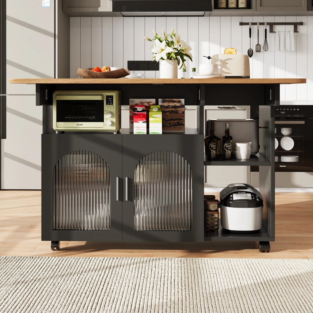 Carrello da Cucina con Piano Ribaltabile; 2 Vani Chiusi; Ripiani Aperti e Ruote; in MDF e Vetro; 120x30x79.5 cm; Nero e Naturale